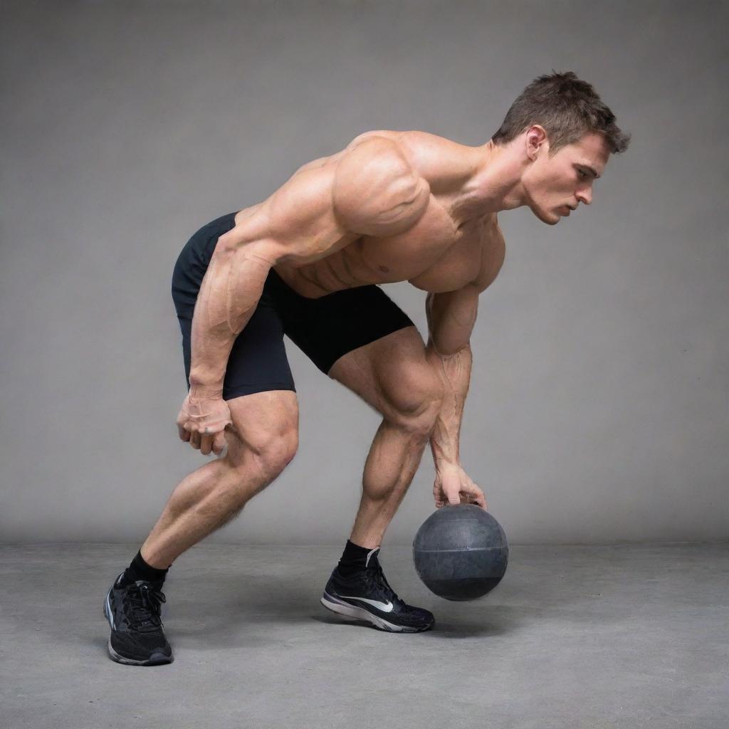 The same muscular individual from before, still straining to push the large, unidentifiable object. Now however, the person is mid-step as they make progress, showcasing their determination and progress in their Herculean task.