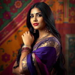 An Indian woman with long black hair, confidently posed in a tasteful and artistic manner, showcasing traditional Indian jewelry like bangles and earrings, emphasizing her cultural richness