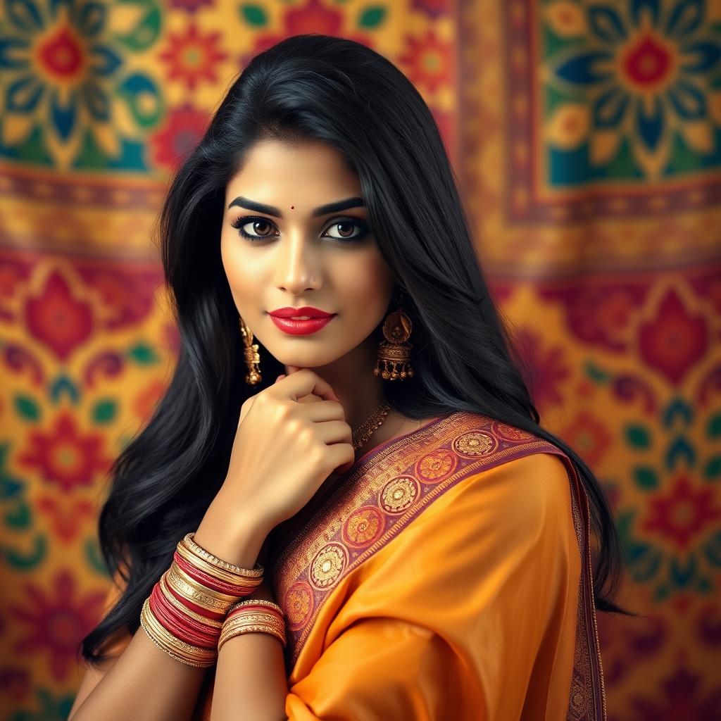 An Indian woman with long black hair, confidently posed in a tasteful and artistic manner, showcasing traditional Indian jewelry like bangles and earrings, emphasizing her cultural richness