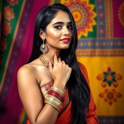 An Indian woman with long black hair, confidently posed in a tasteful and artistic manner, showcasing traditional Indian jewelry like bangles and earrings, emphasizing her cultural richness