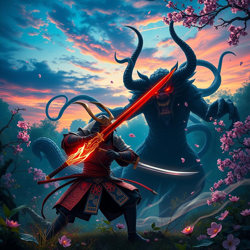 A vibrant and dynamic scene depicting a Demon Slayer in battle against a powerful demon in a lush, enchanted forest