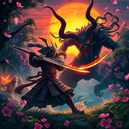 A vibrant and dynamic scene depicting a Demon Slayer in battle against a powerful demon in a lush, enchanted forest