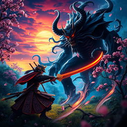 A vibrant and dynamic scene depicting a Demon Slayer in battle against a powerful demon in a lush, enchanted forest