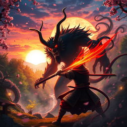 A vibrant and dynamic scene depicting a Demon Slayer in battle against a powerful demon in a lush, enchanted forest