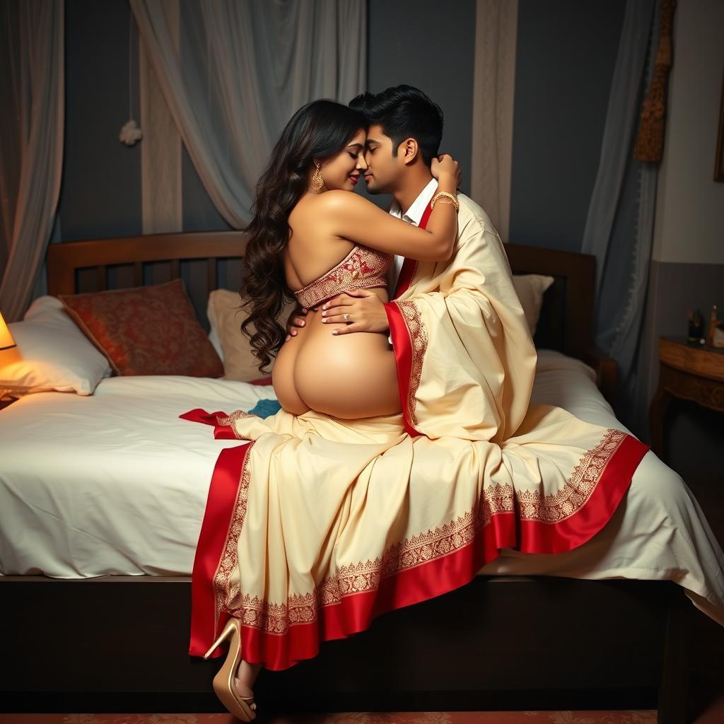 A stunningly beautiful Assamese woman in a brothel setting, romantically intimate with her handsome boyfriend on a bed