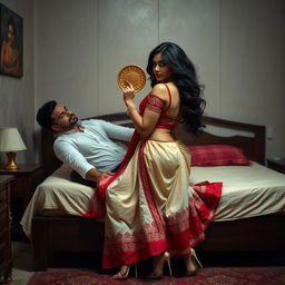 A stunningly beautiful Assamese woman in a brothel setting, romantically intimate with her handsome boyfriend on a bed