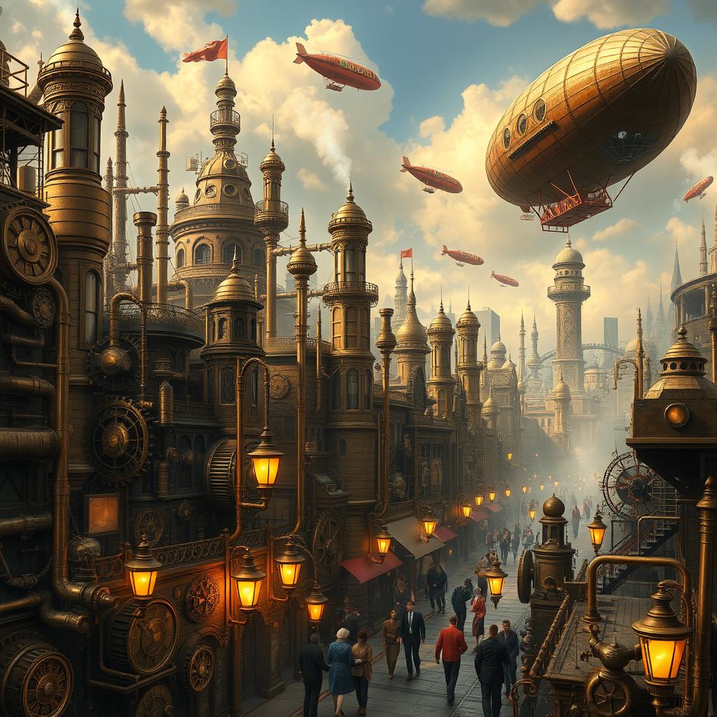 A detailed steampunk cityscape bursting with imagination, showcasing intricate architecture filled with gears, pipes, and steam-powered machines