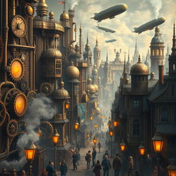 A detailed steampunk cityscape bursting with imagination, showcasing intricate architecture filled with gears, pipes, and steam-powered machines