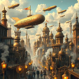 A detailed steampunk cityscape bursting with imagination, showcasing intricate architecture filled with gears, pipes, and steam-powered machines