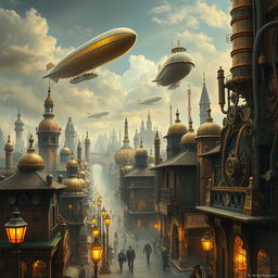 A detailed steampunk cityscape bursting with imagination, showcasing intricate architecture filled with gears, pipes, and steam-powered machines