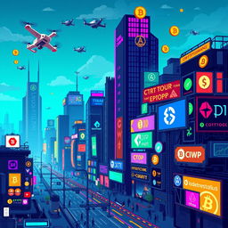 A vibrant pixel art cityscape inspired by the world of cryptocurrency, featuring iconic elements such as digital billboards showcasing various crypto logos, futuristic skyscrapers designed with blocky, pixelated aesthetics, and bustling streets alive with pixelated characters engaged in trading and technology