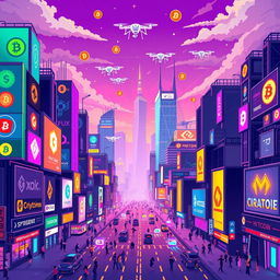 A vibrant pixel art cityscape inspired by the world of cryptocurrency, featuring iconic elements such as digital billboards showcasing various crypto logos, futuristic skyscrapers designed with blocky, pixelated aesthetics, and bustling streets alive with pixelated characters engaged in trading and technology