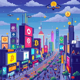 A vibrant pixel art cityscape inspired by the world of cryptocurrency, featuring iconic elements such as digital billboards showcasing various crypto logos, futuristic skyscrapers designed with blocky, pixelated aesthetics, and bustling streets alive with pixelated characters engaged in trading and technology