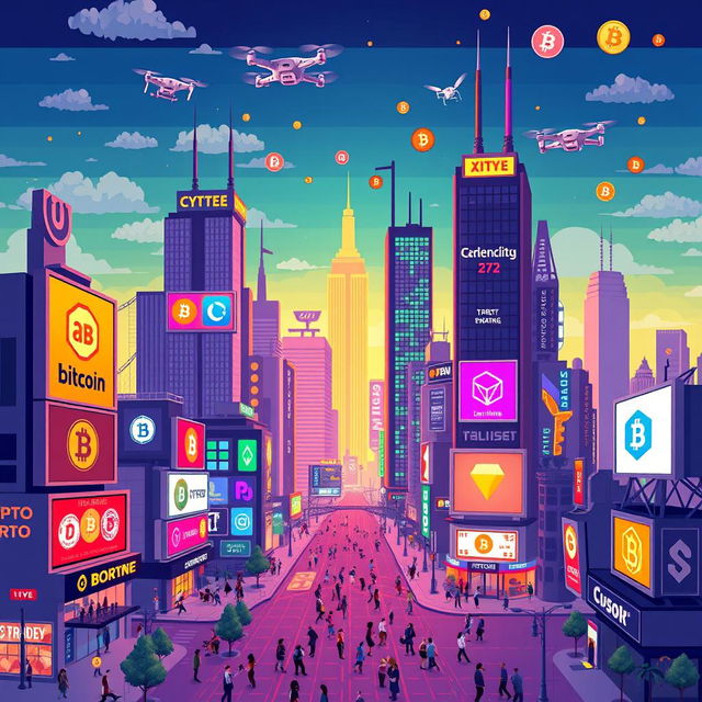 A vibrant pixel art cityscape inspired by the world of cryptocurrency, featuring iconic elements such as digital billboards showcasing various crypto logos, futuristic skyscrapers designed with blocky, pixelated aesthetics, and bustling streets alive with pixelated characters engaged in trading and technology