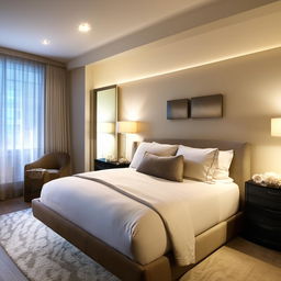 A meticulously designed bedroom featuring soft lighting, a king-sized bed with plush bedding, a tasteful color scheme, contemporary furniture, and elegant decor pieces