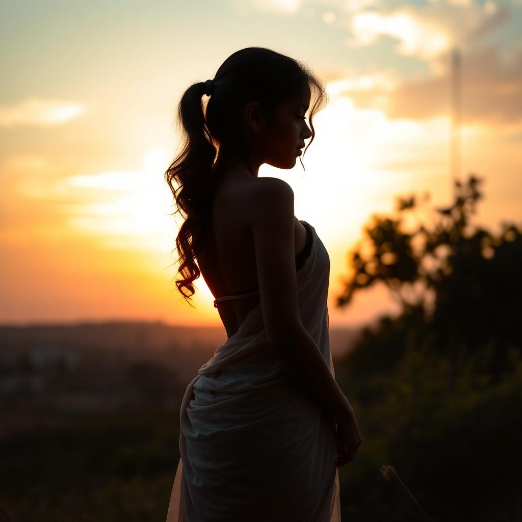 A tasteful and artistic representation of an Indian girl silhouetted against a beautiful sunset backdrop