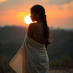 A tasteful and artistic representation of an Indian girl silhouetted against a beautiful sunset backdrop