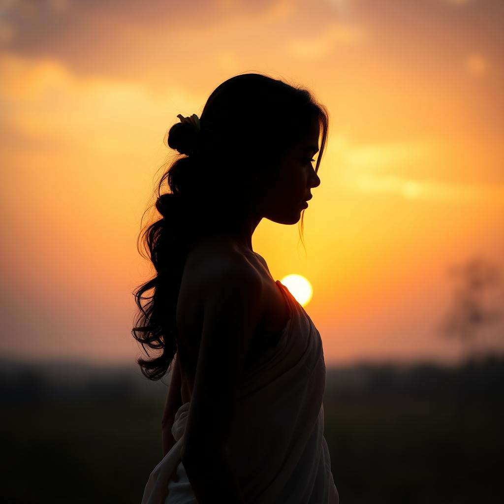 A tasteful and artistic representation of an Indian girl silhouetted against a beautiful sunset backdrop