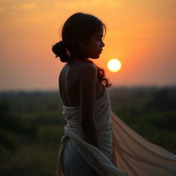 A tasteful and artistic representation of an Indian girl silhouetted against a beautiful sunset backdrop