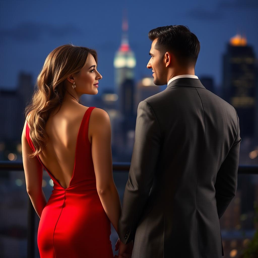 A woman seen from behind wearing a stunning red dress, looking away from an elegant man dressed in a tailored suit