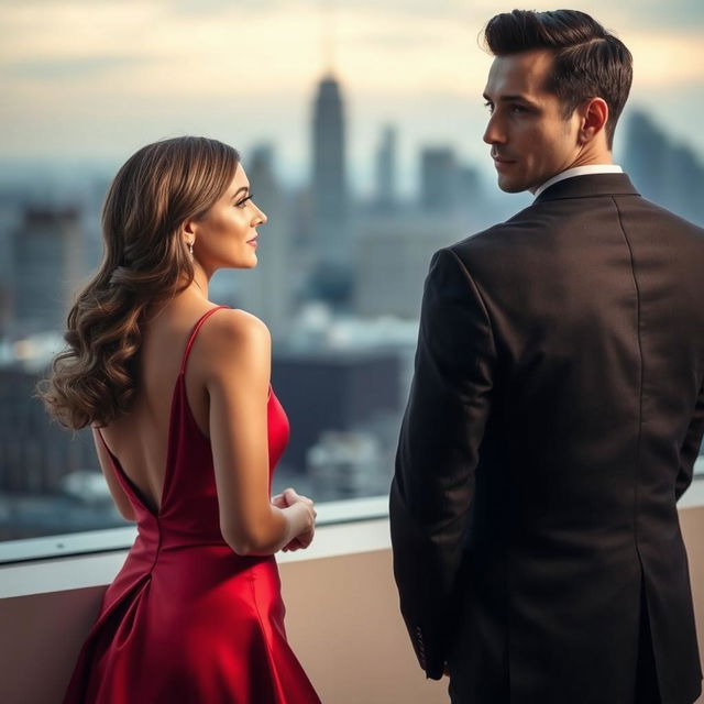 A woman seen from behind wearing a stunning red dress, looking away from an elegant man dressed in a tailored suit