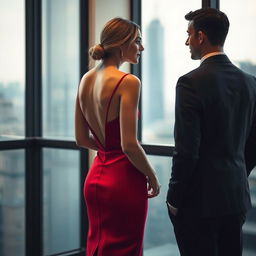 A woman seen from behind wearing a stunning red dress, looking away from an elegant man dressed in a tailored suit