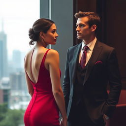 A woman seen from behind wearing a stunning red dress, looking away from an elegant man dressed in a tailored suit