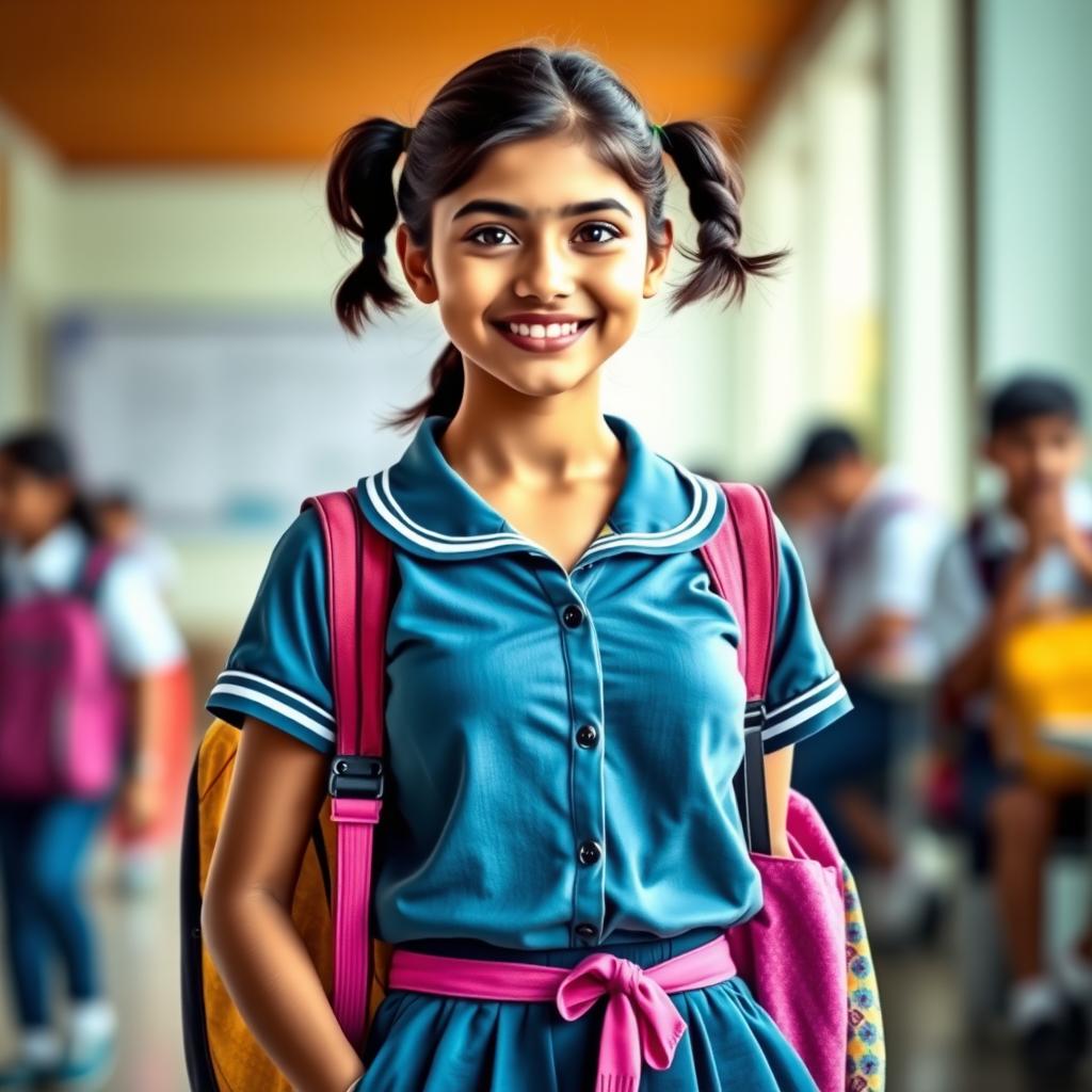 An artistic portrayal of a confident Indian school girl, showcasing her youthful beauty with a focus on her outfit and school spirit