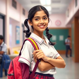 An artistic portrayal of a confident Indian school girl, showcasing her youthful beauty with a focus on her outfit and school spirit