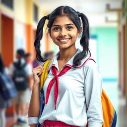 An artistic portrayal of a confident Indian school girl, showcasing her youthful beauty with a focus on her outfit and school spirit