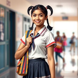 An artistic portrayal of a confident Indian school girl, showcasing her youthful beauty with a focus on her outfit and school spirit