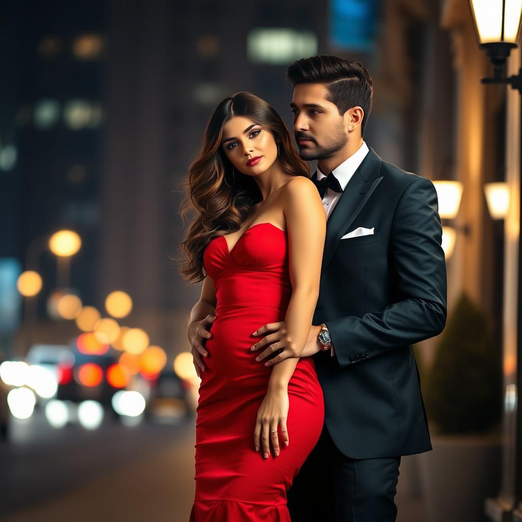 A beautiful woman wearing a stunning red dress, standing gracefully next to an elegant man in a tailored suit