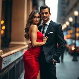 A beautiful woman wearing a stunning red dress, standing gracefully next to an elegant man in a tailored suit