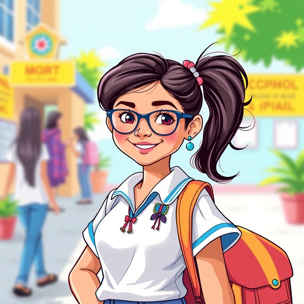 A vibrant and colorful illustration of a confident Indian school girl, showcasing her youthful spirit