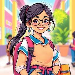 A vibrant and colorful illustration of a confident Indian school girl, showcasing her youthful spirit