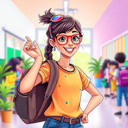 An imaginative and vibrant illustration of a lively Indian school girl