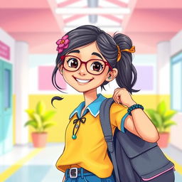 An imaginative and vibrant illustration of a lively Indian school girl