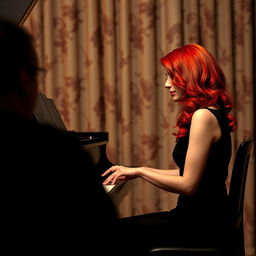 A striking red-haired woman sitting elegantly in front of a grand piano, her fingers poised above the keys, deep in thought while playing a melodic tune