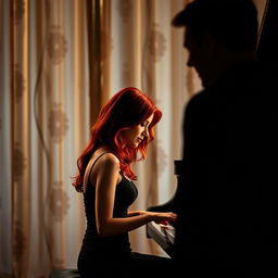 A striking red-haired woman sitting elegantly in front of a grand piano, her fingers poised above the keys, deep in thought while playing a melodic tune