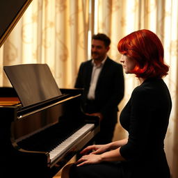 A striking red-haired woman sitting elegantly in front of a grand piano, her fingers poised above the keys, deep in thought while playing a melodic tune