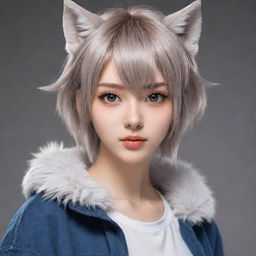 Anime girl with trendy wolf cut hairstyle, sharp eyes, and delicate features. She wears a stylish outfit, giving a sense of personality and energy.