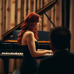 A striking red-haired woman sitting elegantly in front of a grand piano, her fingers poised above the keys, deep in thought while playing a melodic tune