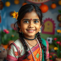 An artistic and tasteful portrayal of a young Indian girl, set in a playful and imaginative theme