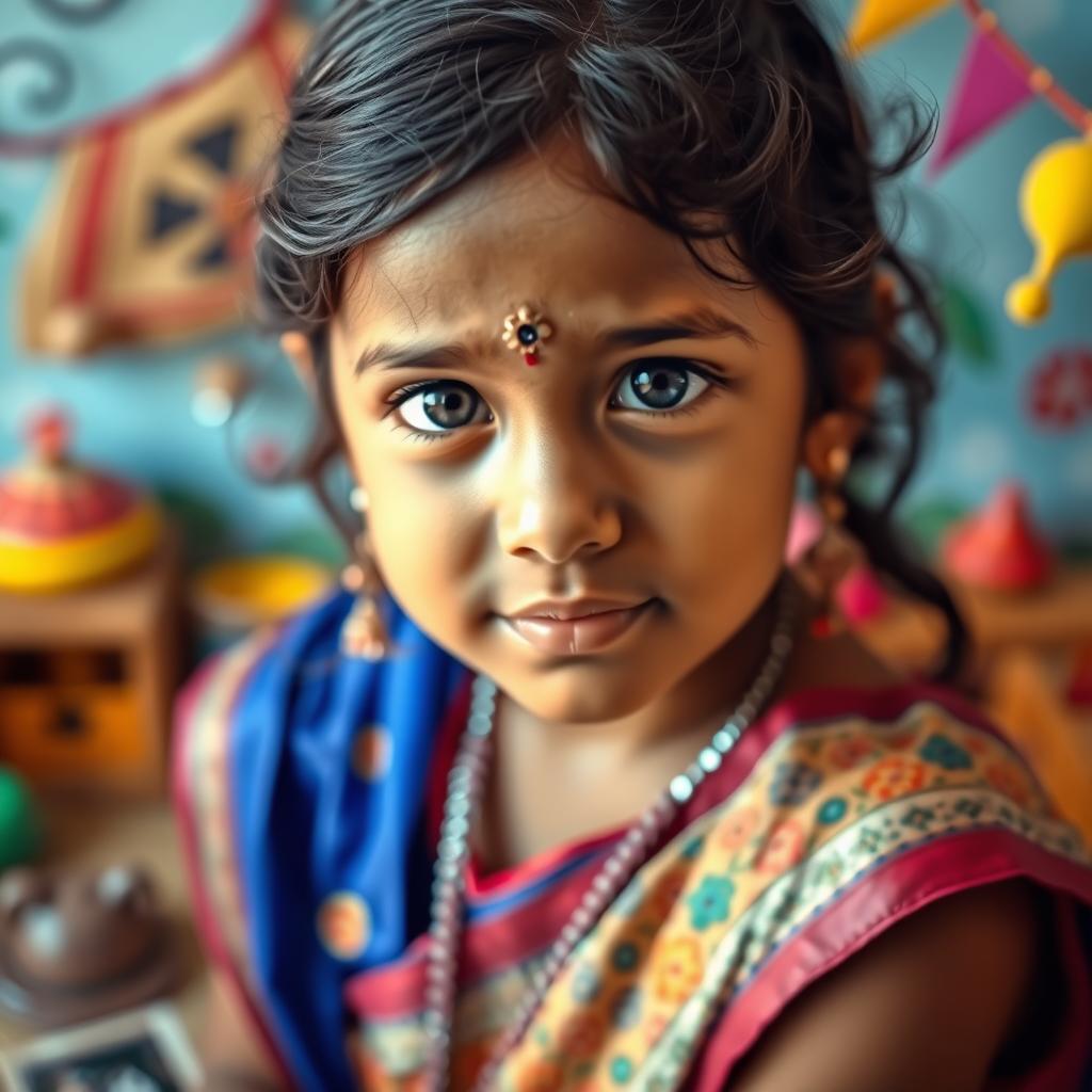 An artistic and tasteful portrayal of a young Indian girl, set in a playful and imaginative theme