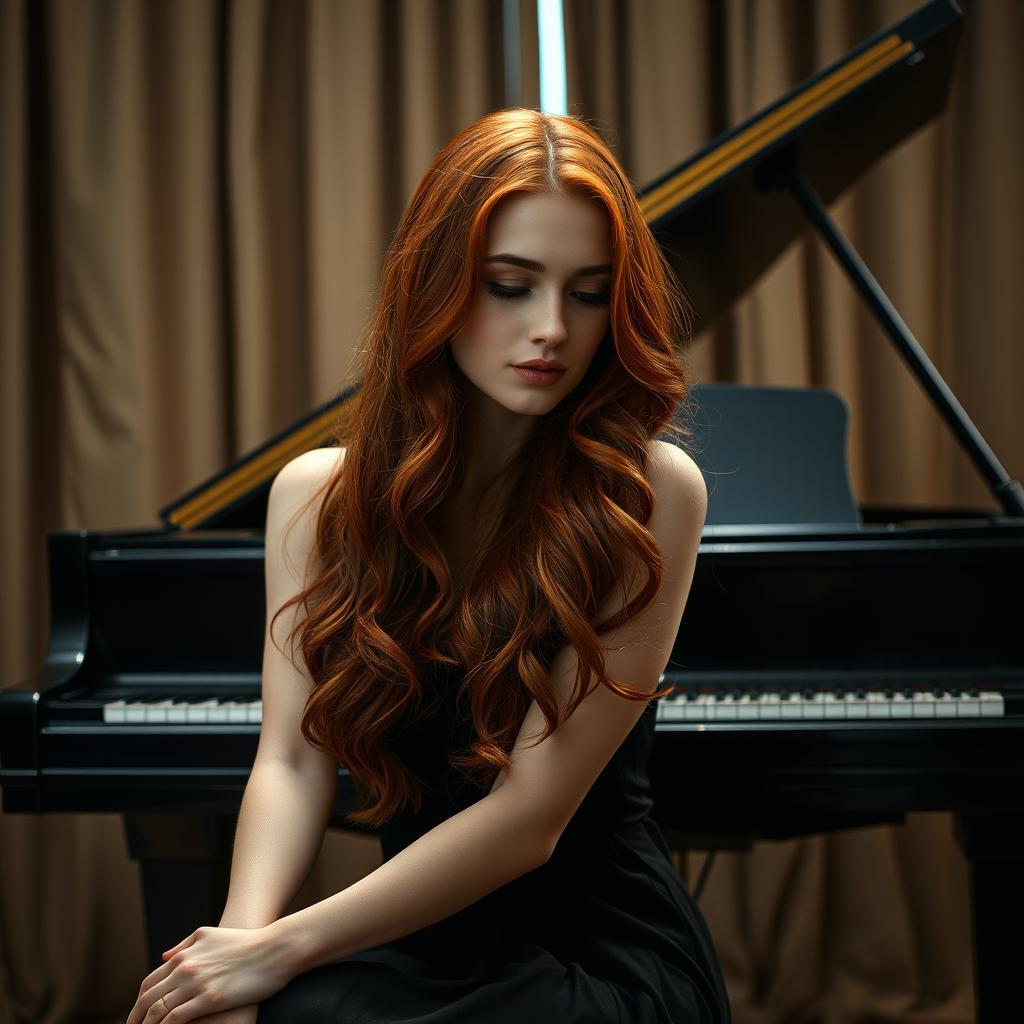 A captivating red-haired woman sitting gracefully in front of a grand piano, her hair cascading down her shoulders in soft waves