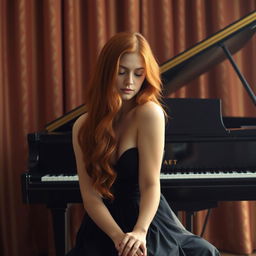 A captivating red-haired woman sitting gracefully in front of a grand piano, her hair cascading down her shoulders in soft waves