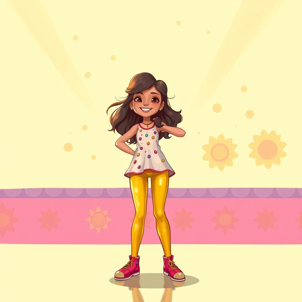 An imaginative illustration focusing on vibrant fashion and youthful exuberance, featuring an Indian girl in a playful and stylish outfit, showcasing golden leggings and a fun top