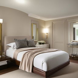 A meticulously designed bedroom featuring soft lighting, a king-sized bed with plush bedding, a tasteful color scheme, contemporary furniture, and elegant decor pieces