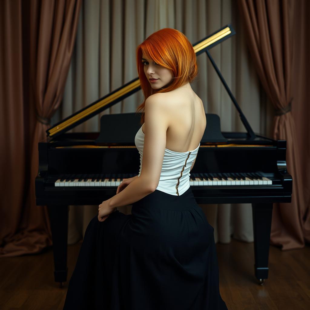 A striking red-haired woman gracefully seated in front of a grand piano, positioned slightly away from the viewer, creating an intriguing perspective