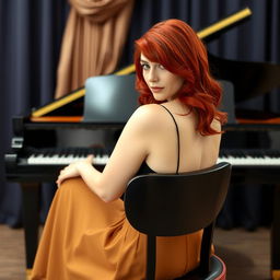 A striking red-haired woman gracefully seated in front of a grand piano, positioned slightly away from the viewer, creating an intriguing perspective